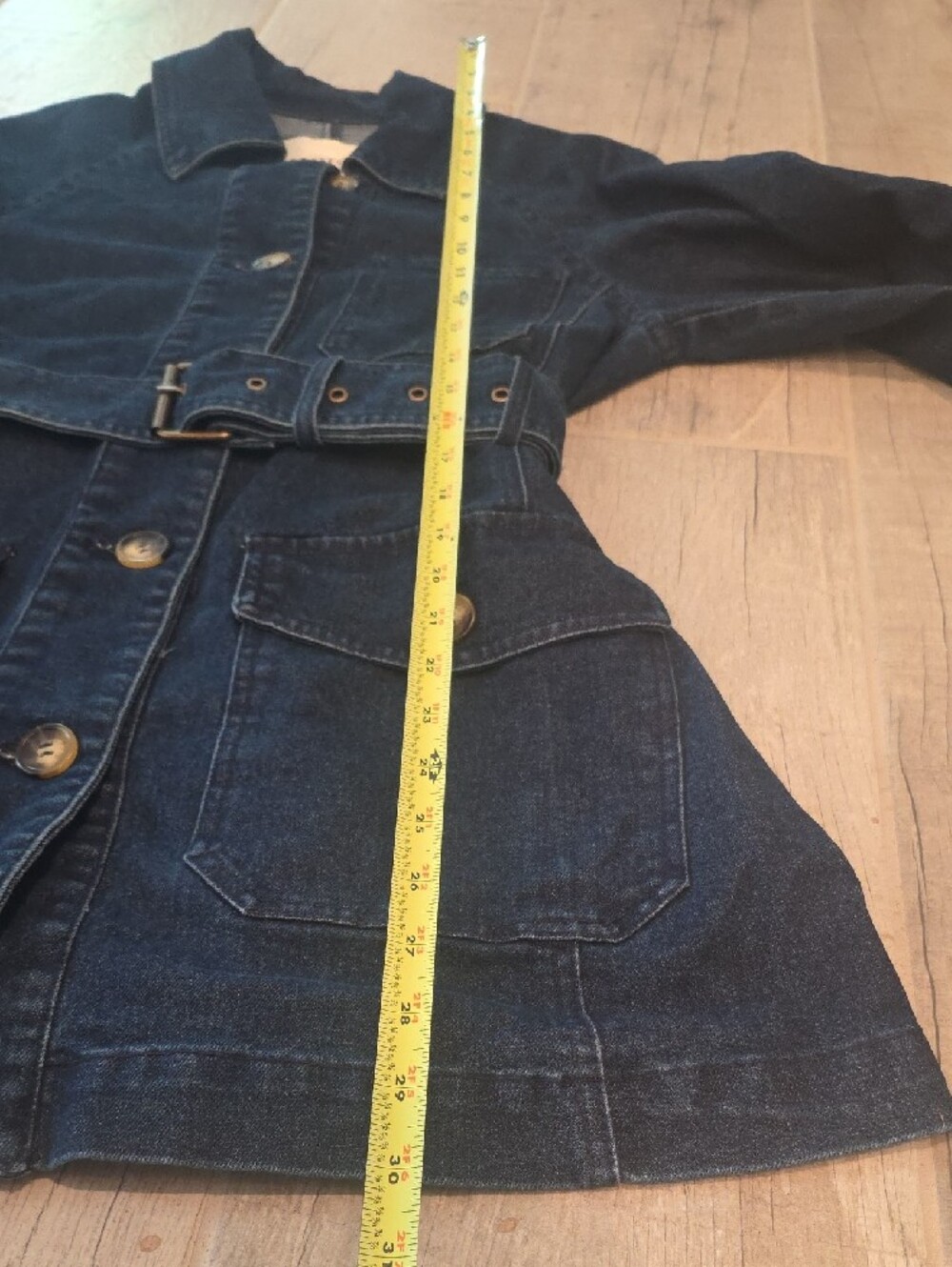 Dark Blue Denim Jean Jacket With Belt At Waist - Picture 8 of 12